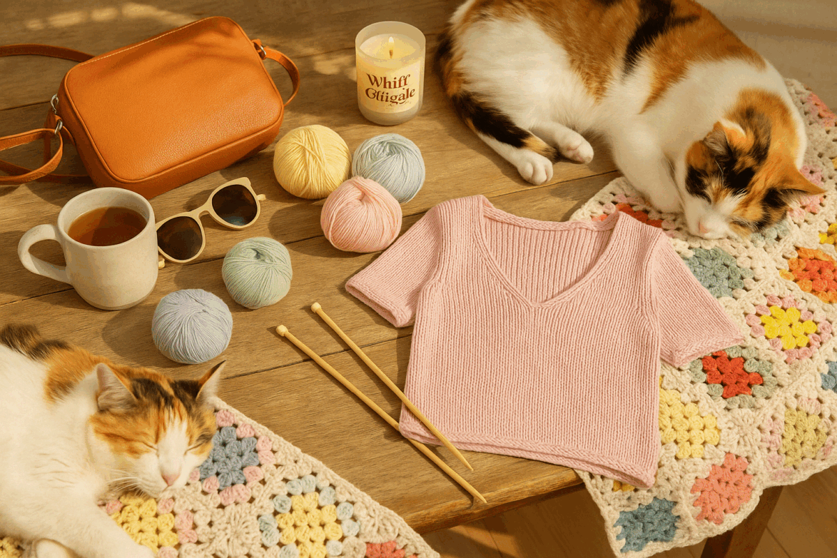 Katte der ligger og slapper af med inspirerende strikketøj og garn i et sommerhus.